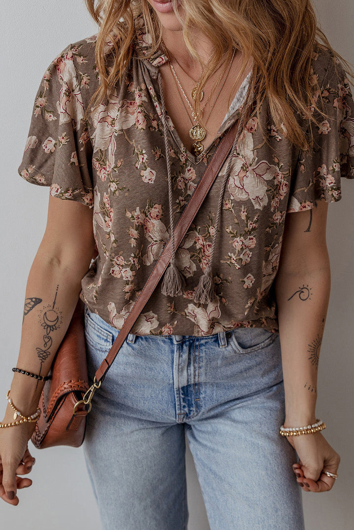 retro floral print tassel tie split neck short sleeve blouse