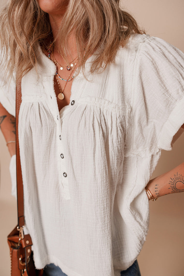 textured short sleeve buttons frayed blouse