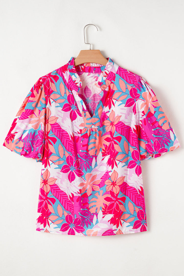 Tropical Plant Printed V Neck Puff Sleeve Blouse