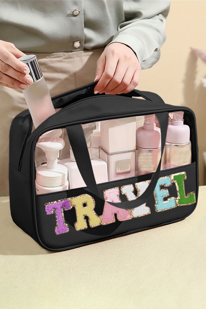 Trousse de maquillage TRAVEL en PVC transparent avec lettres en chenille