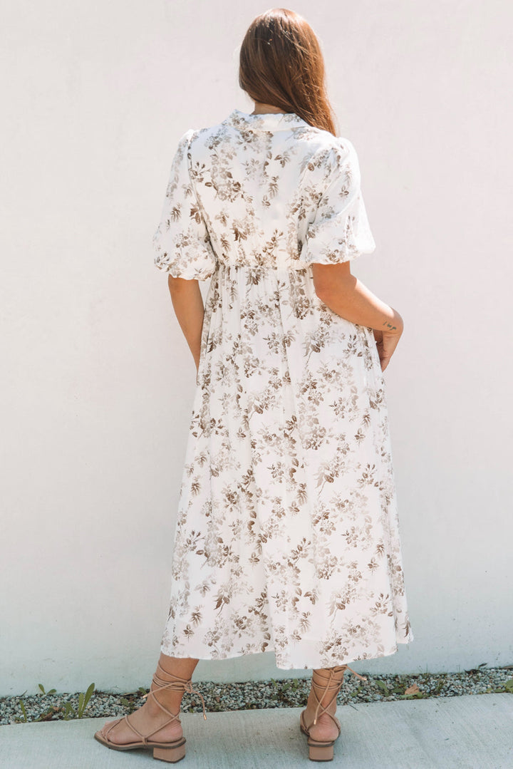 floral puff sleeve v neck buttoned front maxi dress