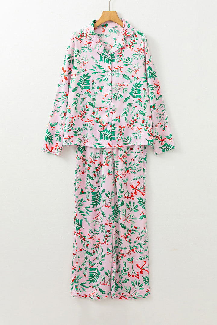 christmas berries plant print satin long sleeve pajama set