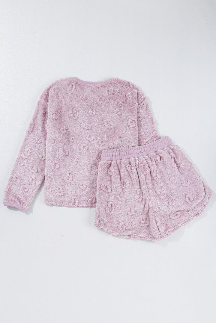 textured leopard fleece loose two piece lounge set