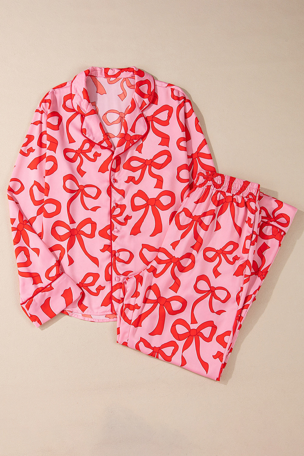 2pcs bow print shirt style long sleeve pajama set