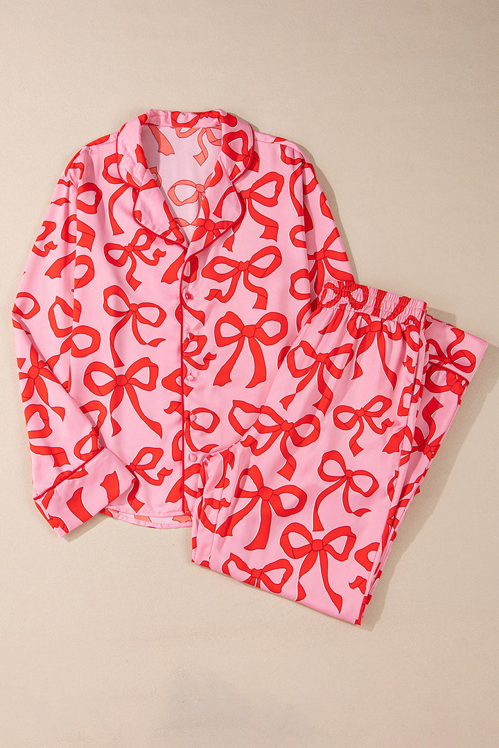 2pcs bow print shirt style long sleeve pajama set
