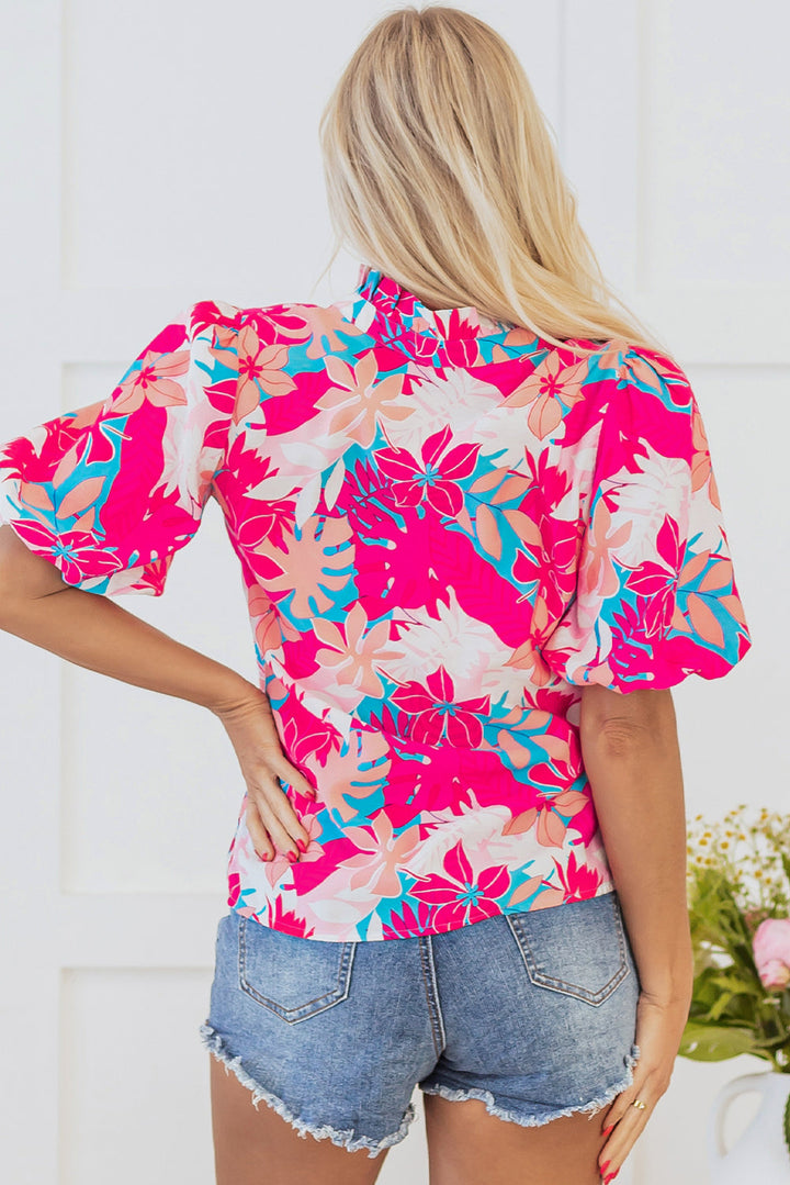 Tropical Plant Printed V Neck Puff Sleeve Blouse