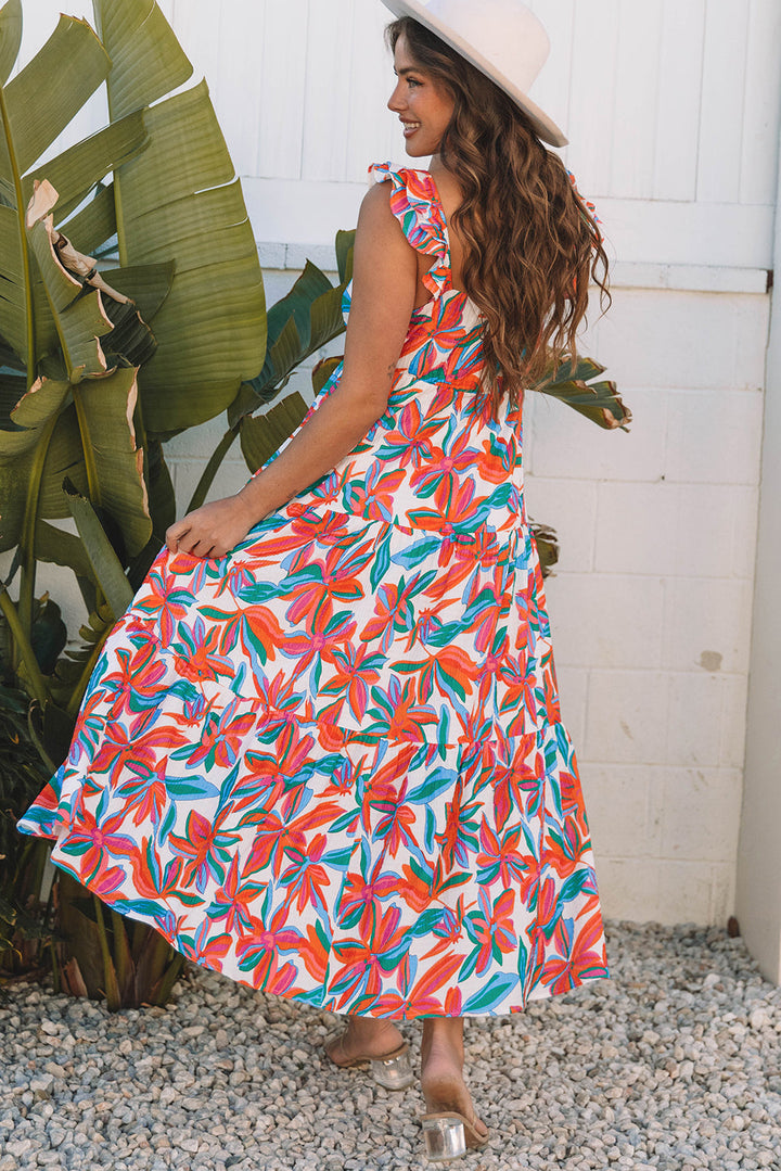 boho floral ruffled strap v neck maxi dress