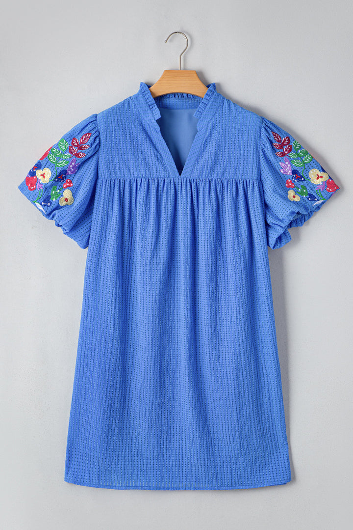 Plus Size Floral Embroidered Puff Sleeve Gingham Mini Dress