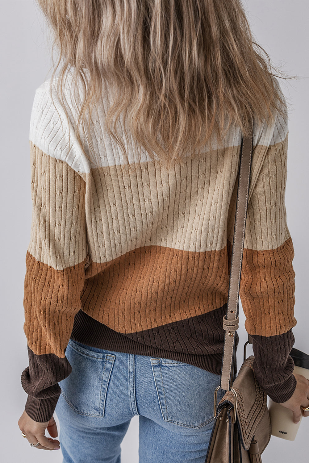 Colorblock Cable Knit Round Neck Sweater