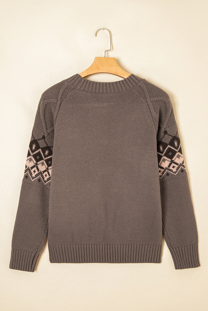 Western Geometric Patterned Crew Neck Knitted Sweater