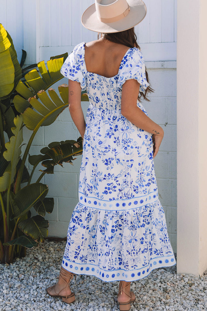 Floral Print Square Neck Bubble Sleeve High Waist Maxi Dress