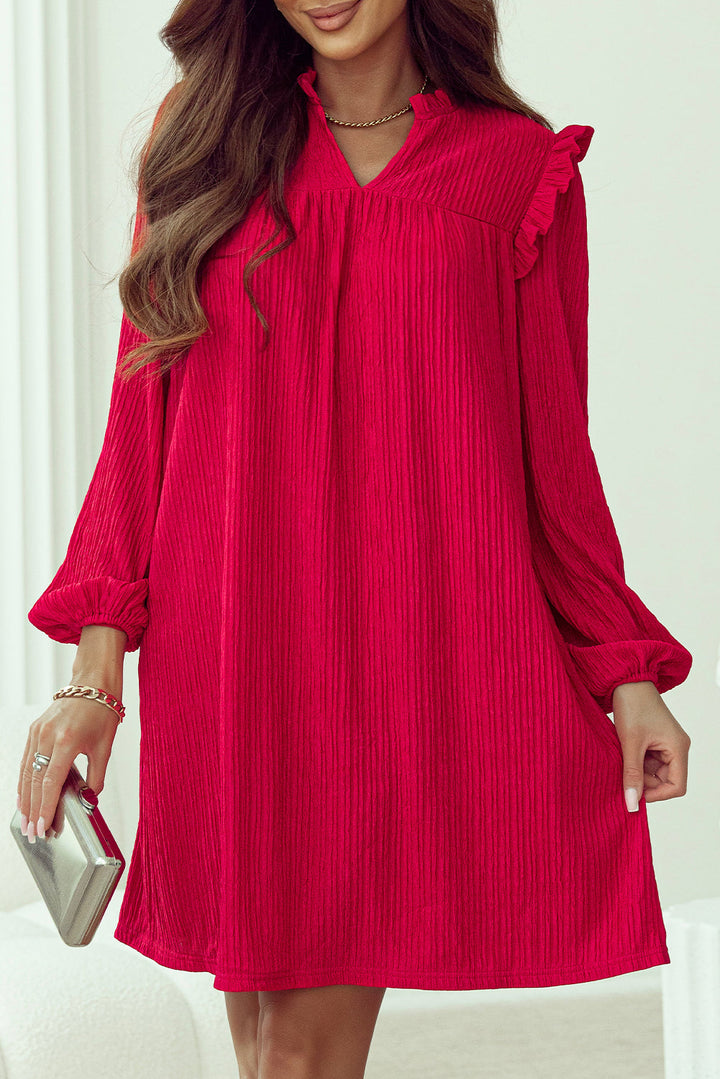 Textured Ruffled Trim V Neck Loose Fit Mini Dress
