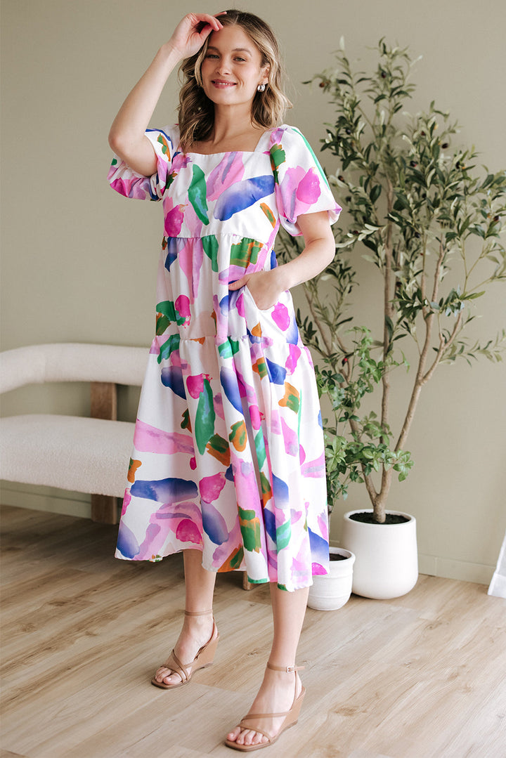 Abstract Print Puff Sleeve Smocked Back Midi Dress