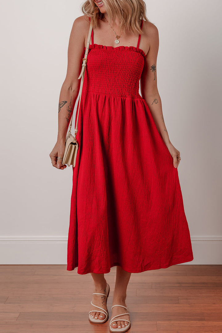 textured shirred ruffled trim spaghetti strap midi dress