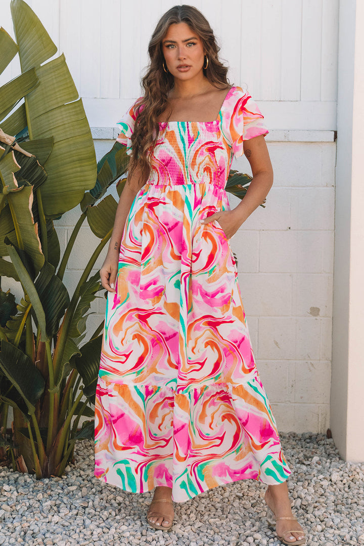 Abstract Print Ruffled Sleeve Smocked Bust Maxi Dress