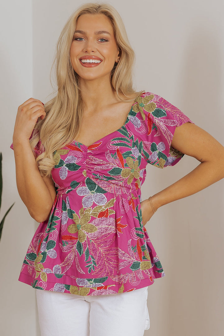 Floral Print Sweetheart Neck Flutter Sleeve Blouse