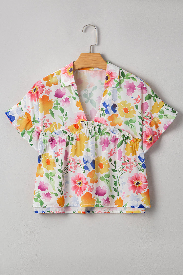floral boxy fit ruffled short sleeve v neck blouse