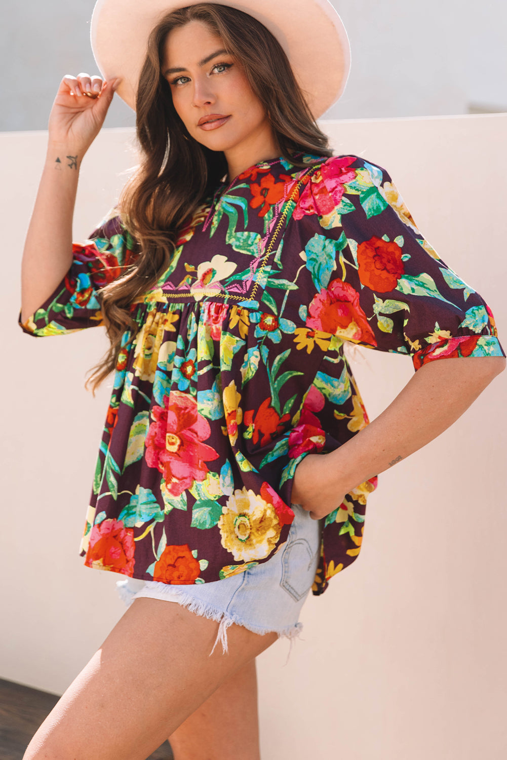 Rose Flower Embroidered Trim Half Sleeve Blouse