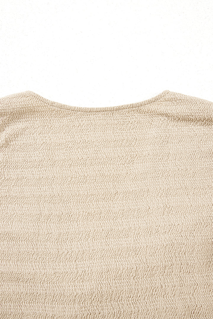 Helles Khaki-Oberteil mit V-Ausschnitt, langen Ärmeln und schmaler, einfarbiger Optik