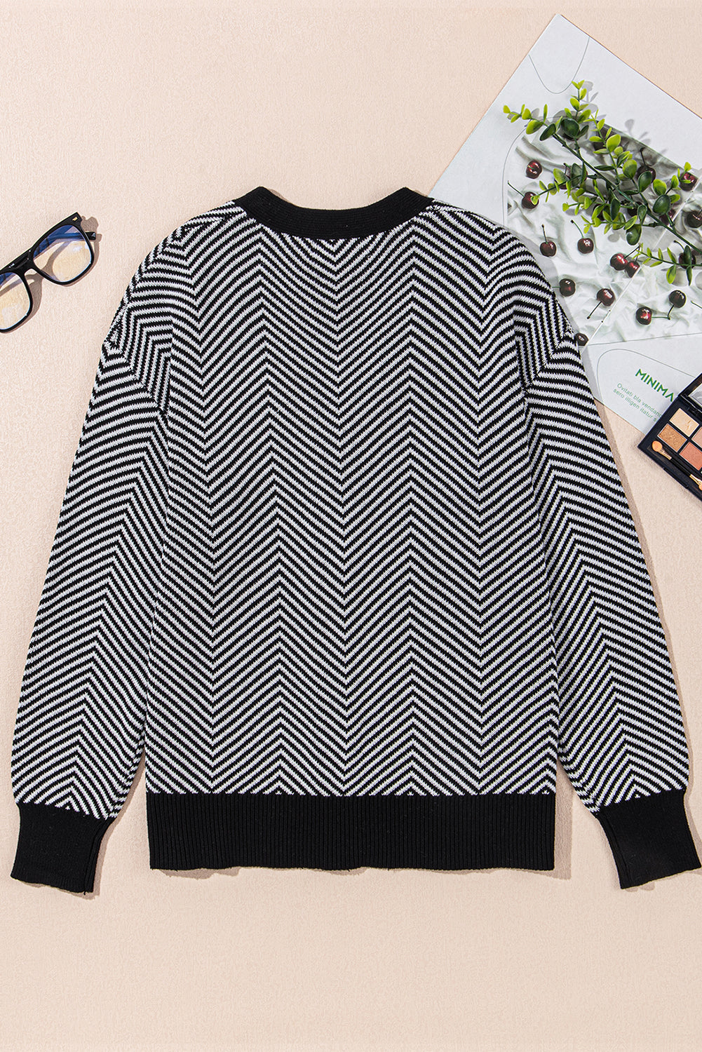 Buttoned Front V Neck Herringbone Cardigan