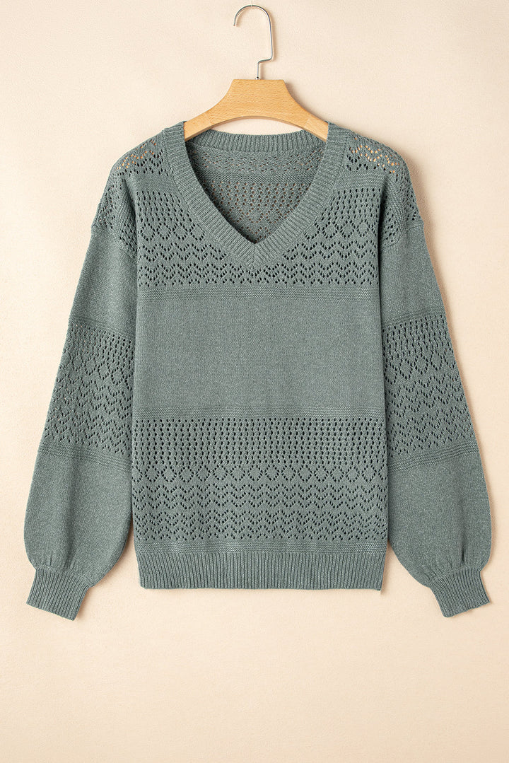 eyelet pattern detail v neck drop shoulder sweater