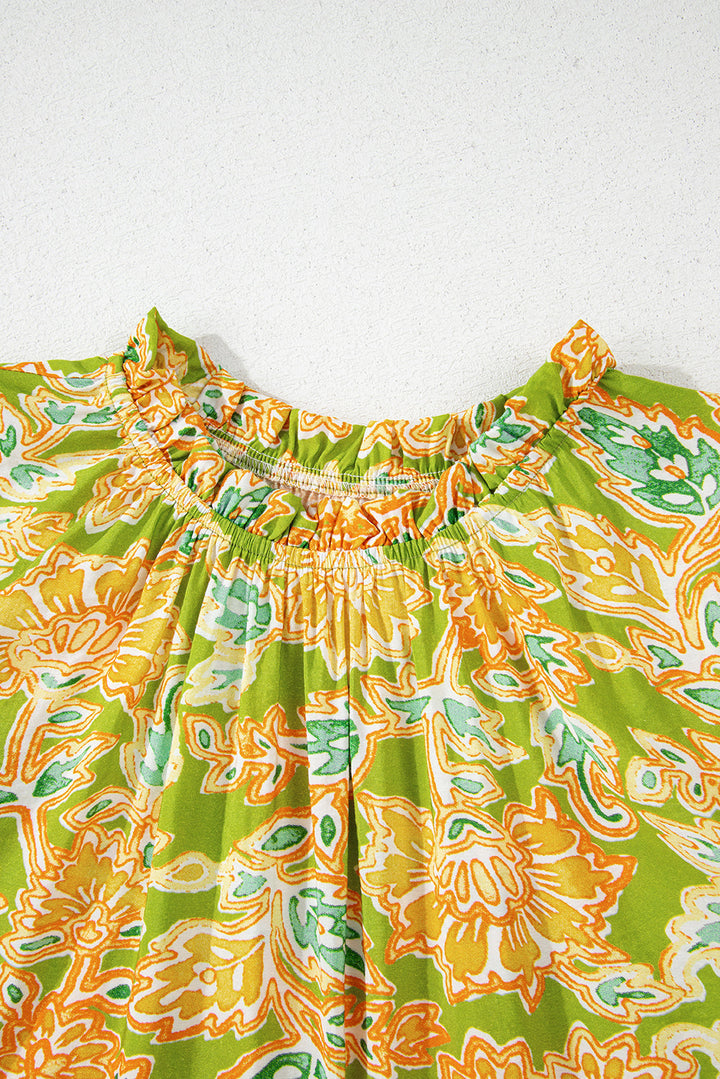 printed contrast bubble sleeve patchwork blouse