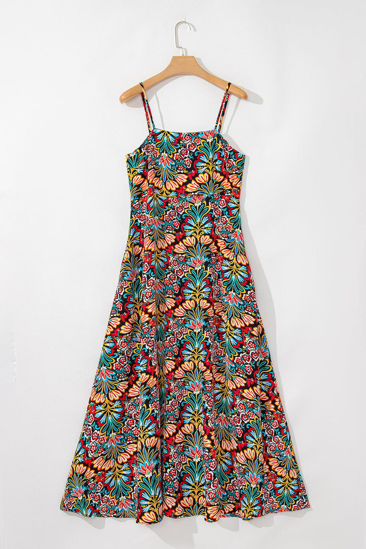 Boho Floral Print Thin Straps Sleeveless High Waist Maxi Dress