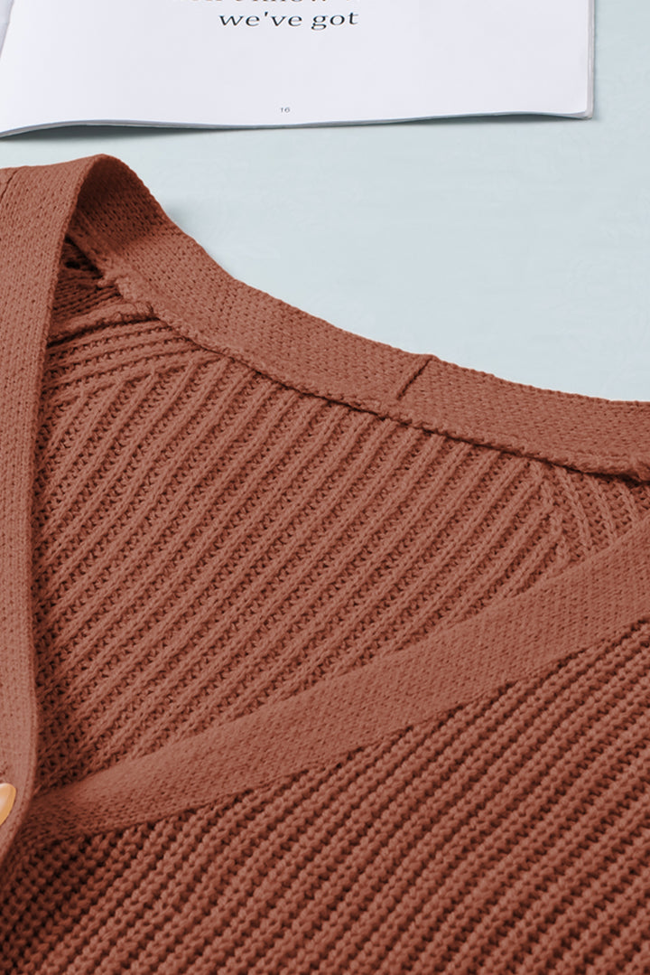 Red Bishop Sleeve Button V Neck Cardigan Sweater