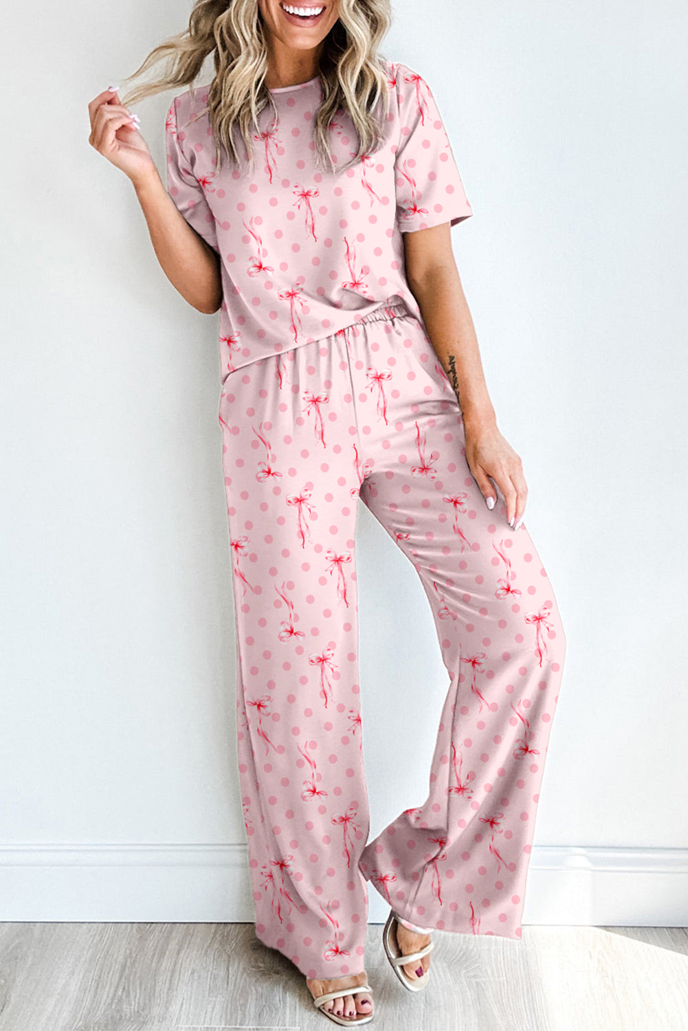bow knot polka dot print short sleeve top lounge set