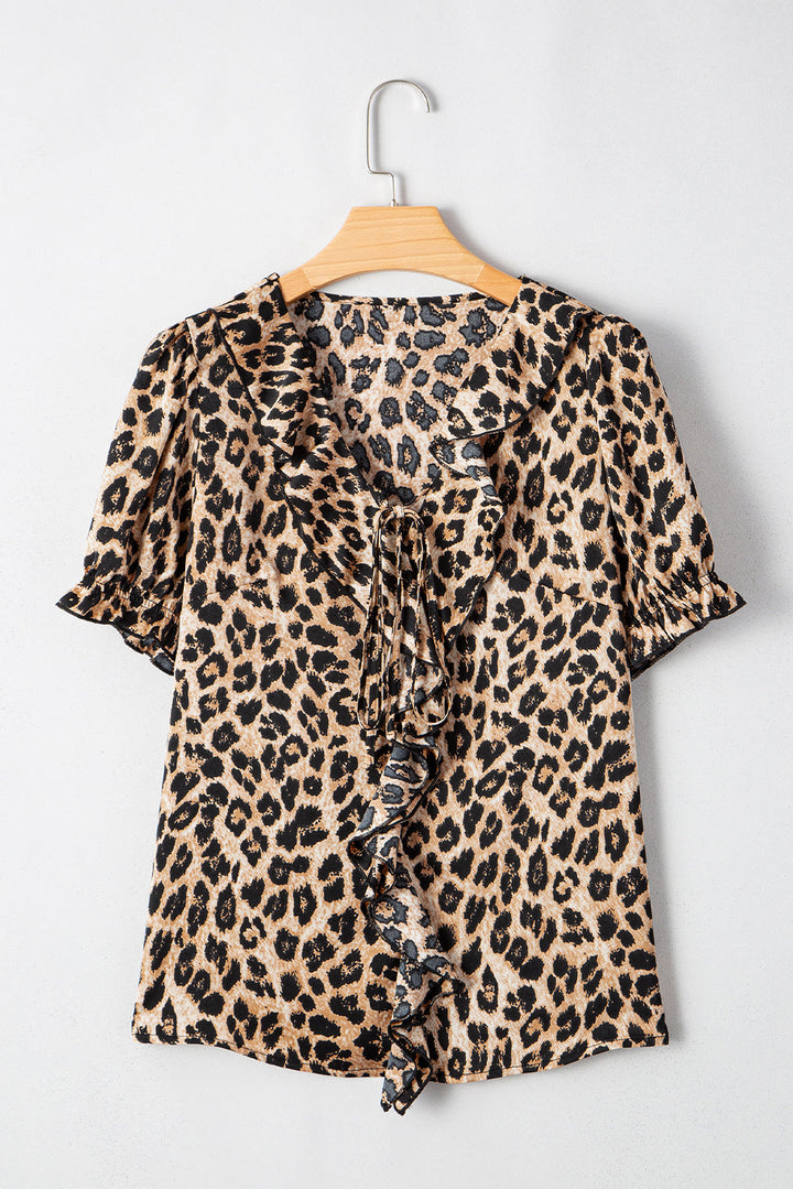 Leopard Ruffled Neck Cascading Puff Short Sleeve Top