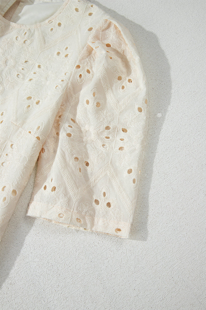 Eyelet Embroidered Half Sleeve Casual Blouse