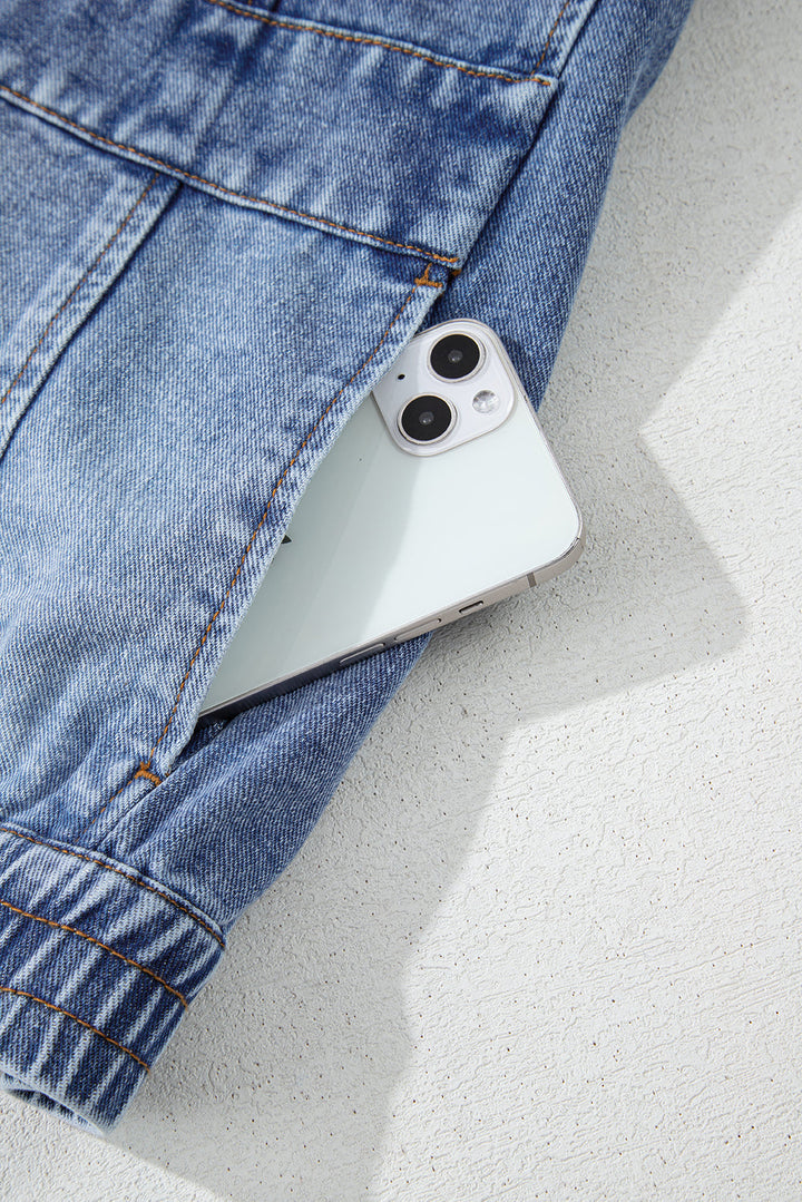 Acid Wash Elastic Hem Button Up Denim Vest