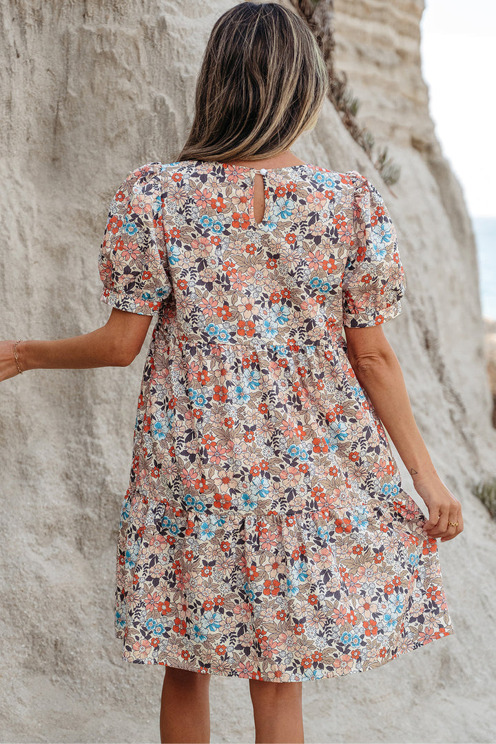 Bohemian Floral Print Short Puff Sleeve Mini Dress