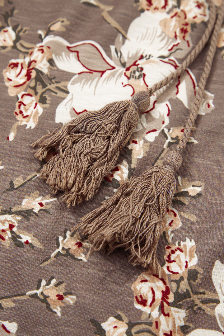 retro floral print tassel tie split neck short sleeve blouse