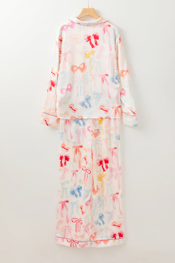 bow knot print lapel collar wide leg satin pajama set