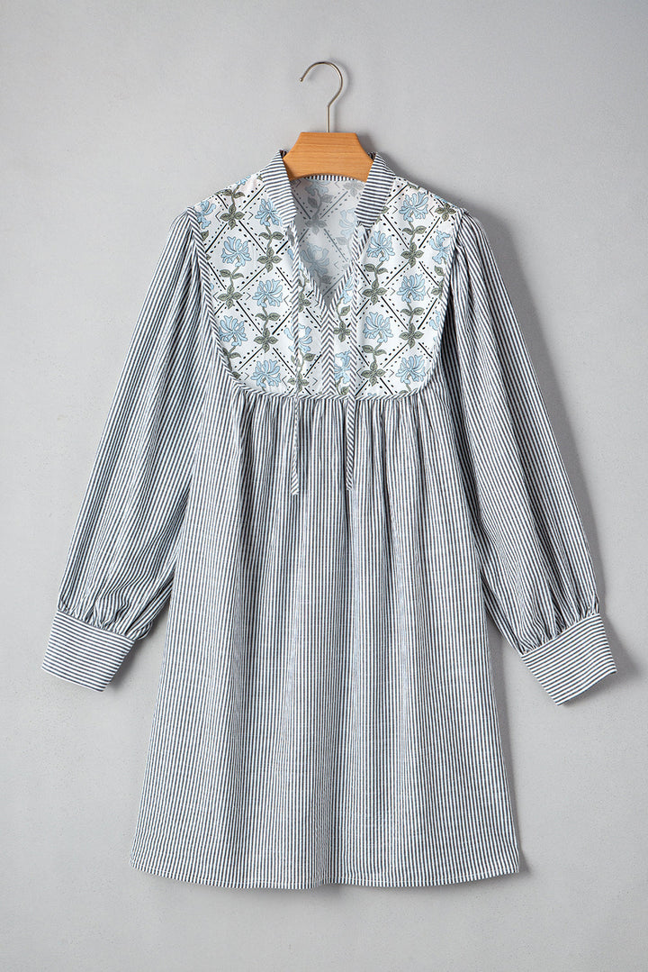 Floral Patchwork Tied V Neck Shift Long Sleeve Mini Dress