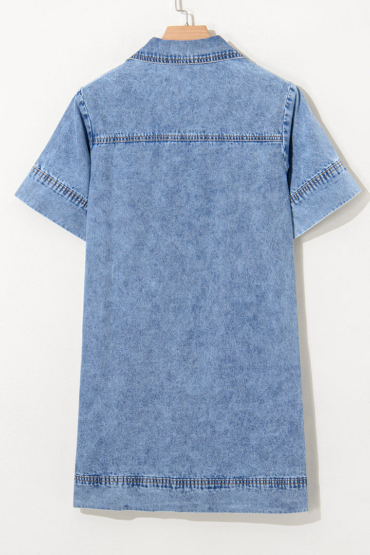 Short Sleeve Collared Patched Pocket Denim Mini Dress