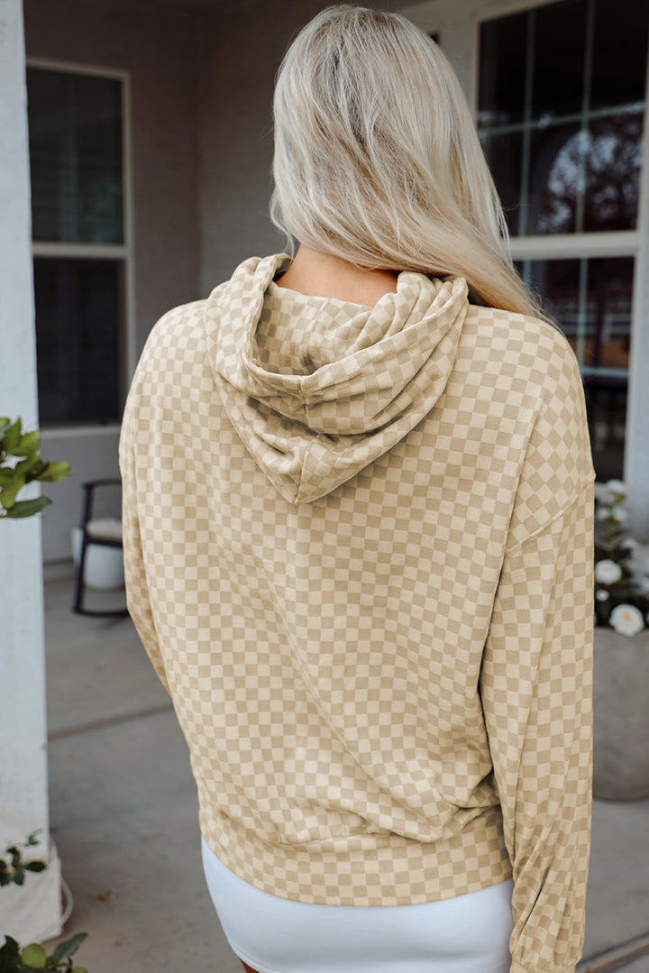 Checkered Print Kangaroo Pocket Drawstring Hoodie