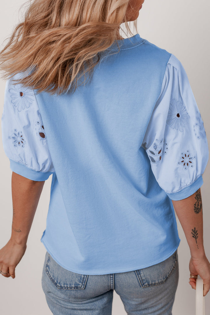 Eyelet Flower Embroidered Puff Short Sleeve Patchwork Crew Neck Blouse