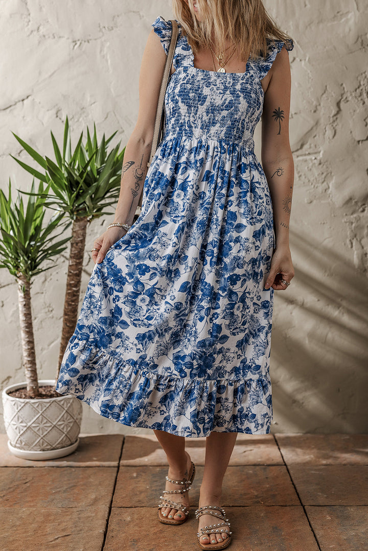 floral ruffle strap square neck smocked bodice midi dress