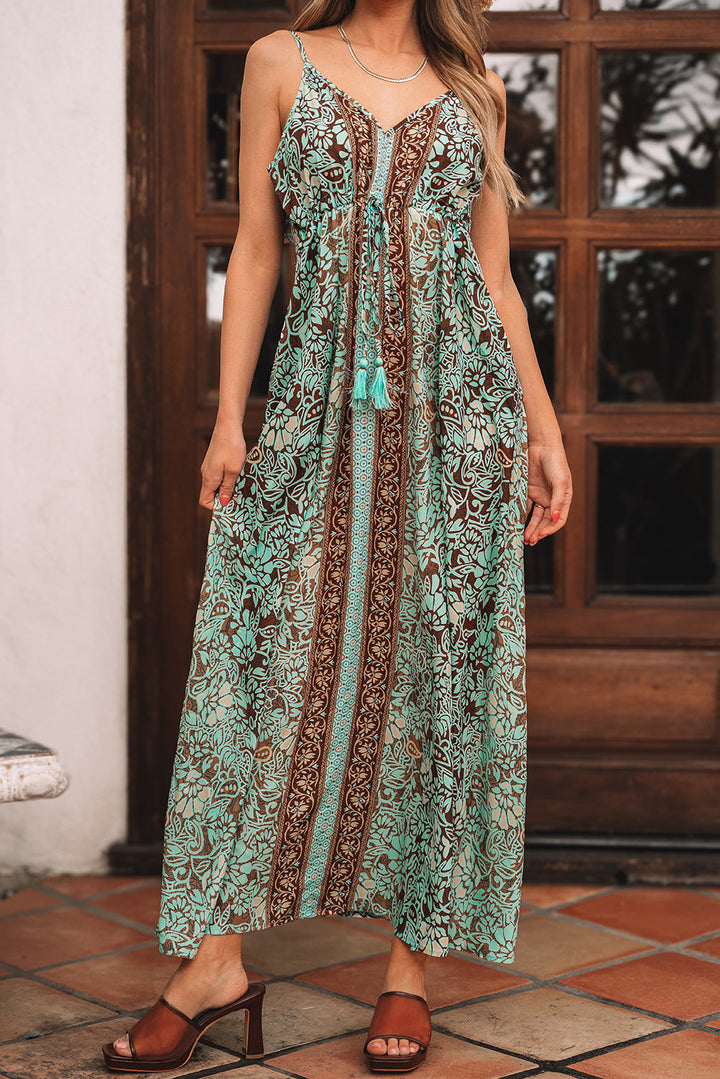 Floral Print V Neck Ruffled Trim Backless Tassel Waist Maxi Dress