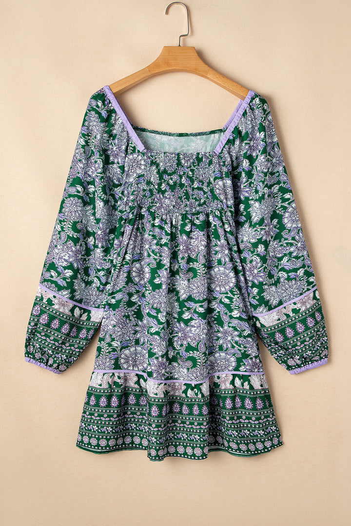 Floral Print Piping Trim Bubble Sleeve Square Neck Dress