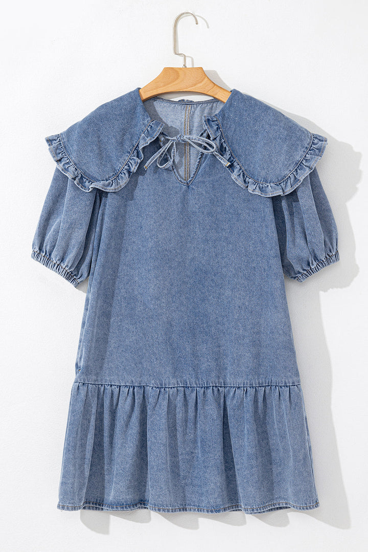 Ruffled Collared Side Pockets Puff Sleeve Denim Mini Dress