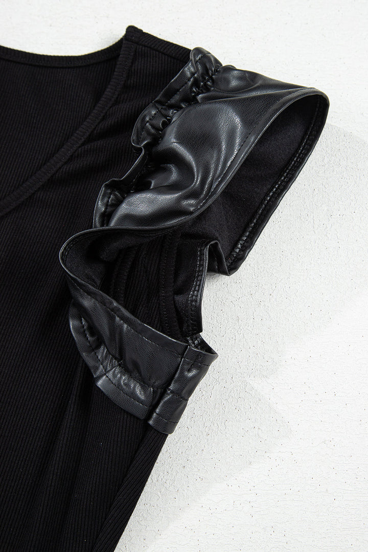 Leatherette Ruffle Patchwork Ribbed V Neck Bodysuit