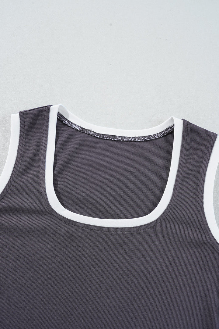 Ribbed Knit Colorblock Edge U Neck Slim Fit Tank Top