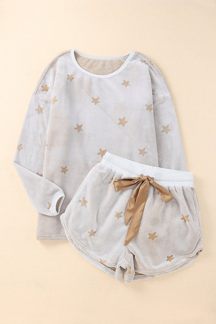 plush star pattern long sleeve pullover and shorts lounge set