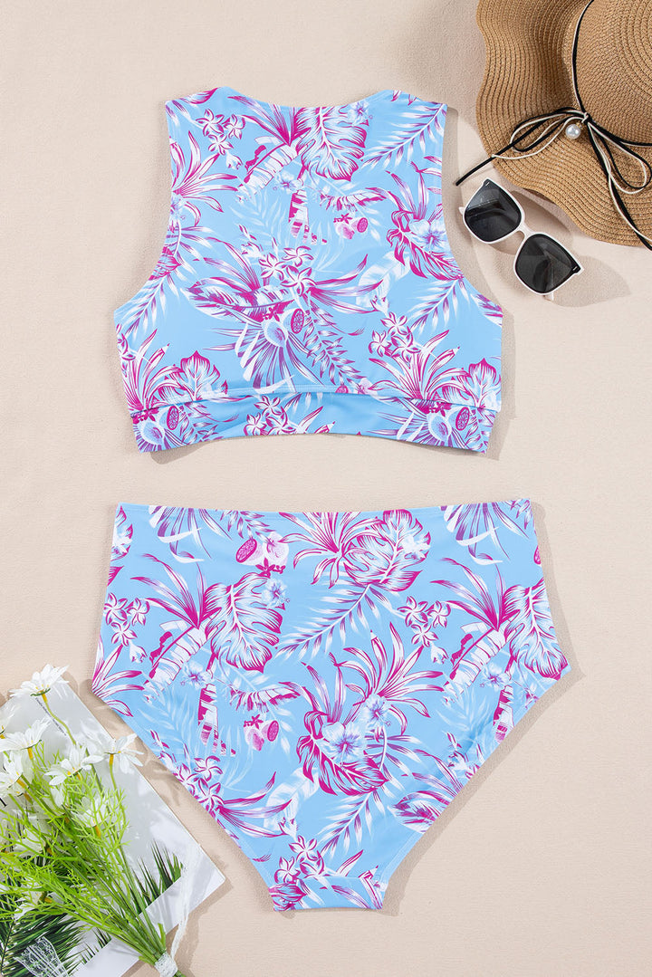 Plus Size Floral Print Twisted High Waist Bikini Set