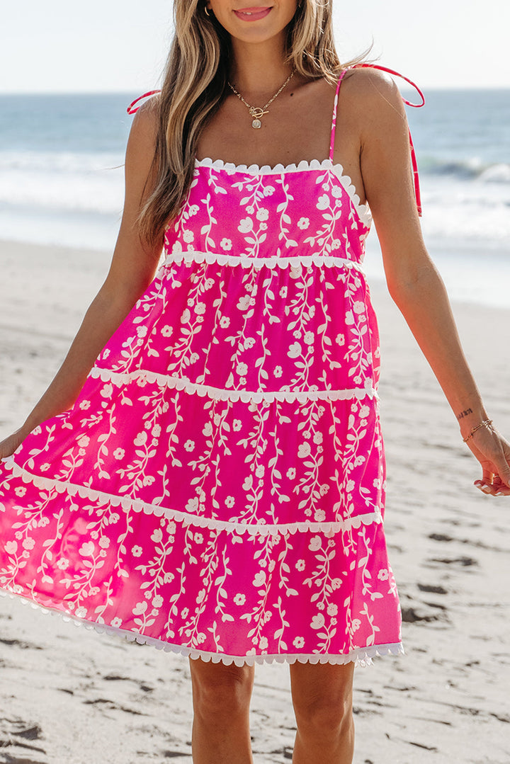 Floral Print Ric Rac Patched Sleeveless Mini Dress