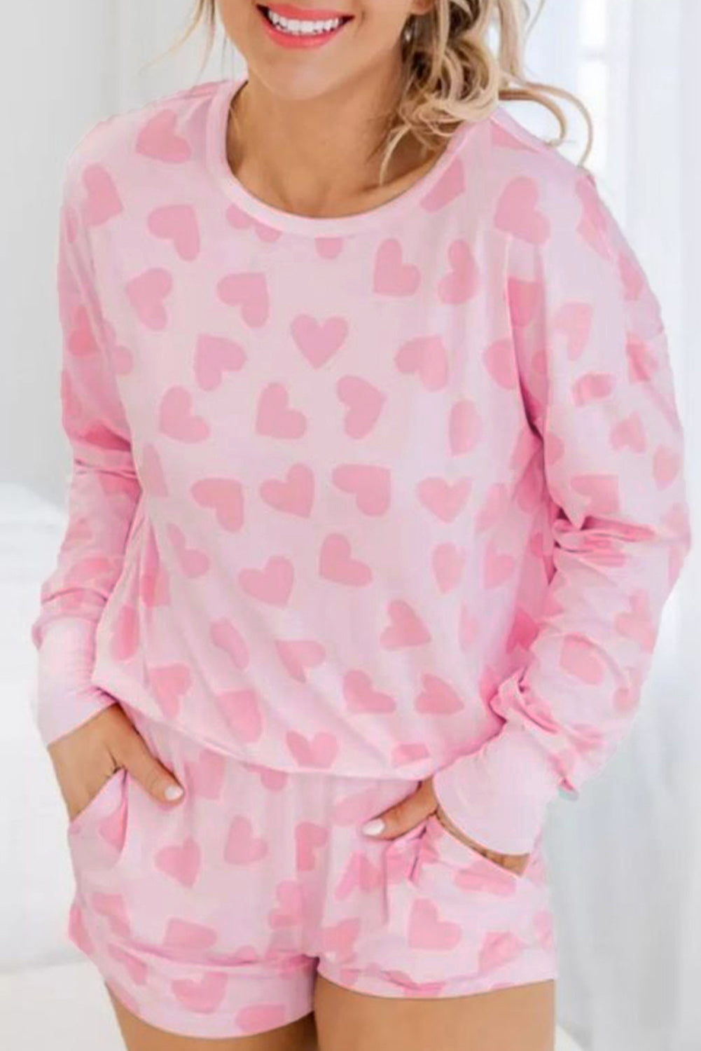 valentine heart shape print long sleeve top shorts lounge set 1