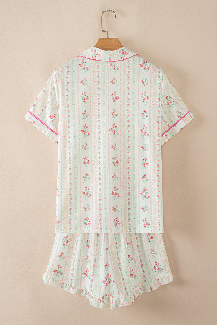 floral print contrast pipping short pajamas set